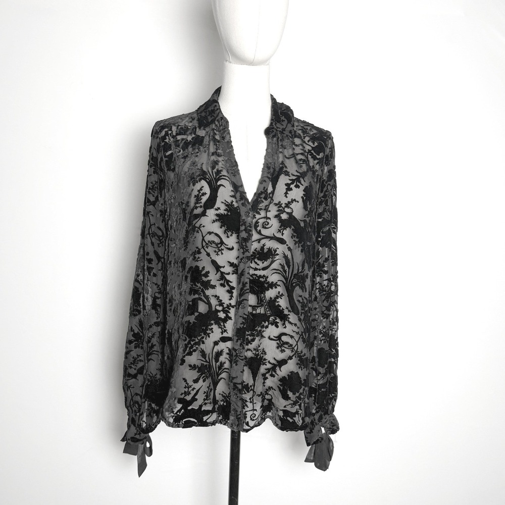 PAIGE Black Burnout Velvet Devore Floral Sheer Button Down Blouse Tie Cuff M